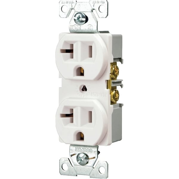Eaton Wiring Devices Duplex Receptacle, 2 -Pole, 20 A, 125 V, Back, Side Wiring, NEMA: 5-20R, White - BR20W