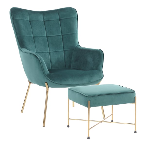 Lumisource Izzy Lounge Chair, Ottoman Set in Gold Metal, Green Velvet Fabric - C2-IZZY AUVGN