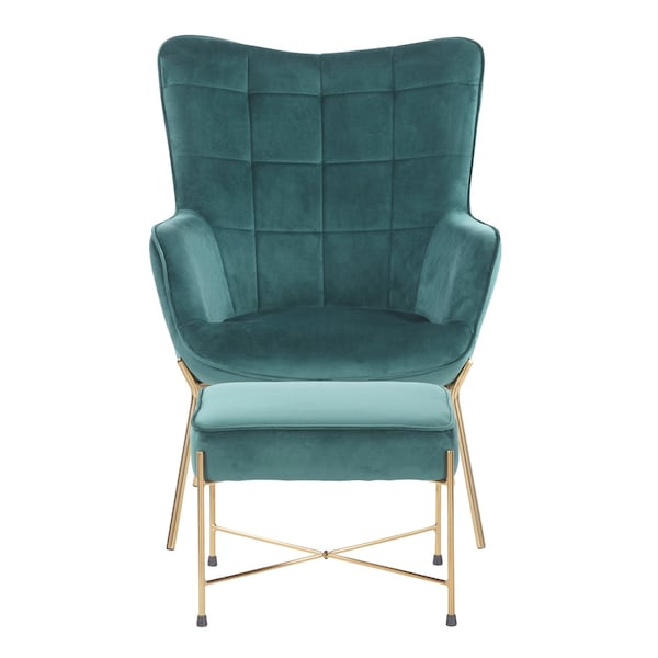Lumisource Izzy Lounge Chair, Ottoman Set in Gold Metal, Green Velvet Fabric - C2-IZZY AUVGN