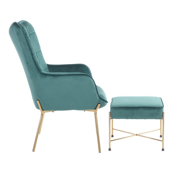 Lumisource Izzy Lounge Chair, Ottoman Set in Gold Metal, Green Velvet Fabric - C2-IZZY AUVGN