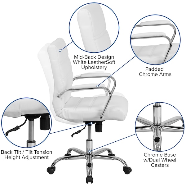 Flash Furniture Contemporary Chair White Mid-Back Exec Chair, Fixed Arms, 18-1/4" to 22-1/4" Height - GO-2286M-WH-GG