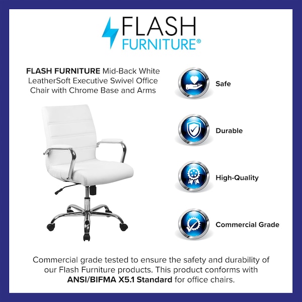 Flash Furniture Contemporary Chair White Mid-Back Exec Chair, Fixed Arms, 18-1/4" to 22-1/4" Height - GO-2286M-WH-GG