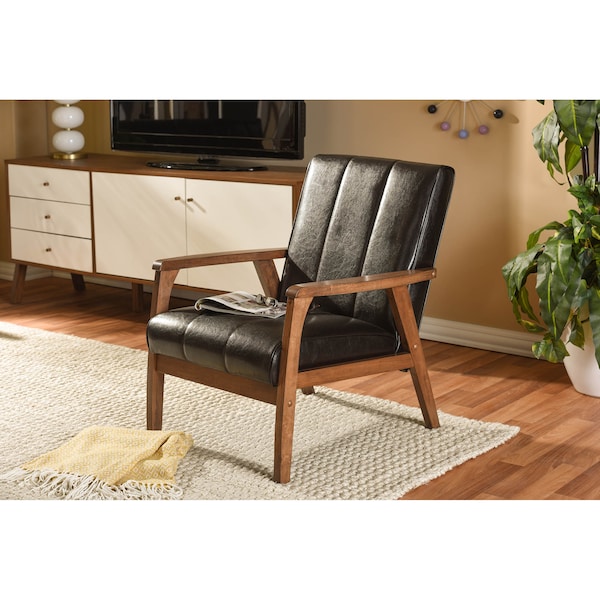 Baxton Studio Nikko Mid-century Dark Brown Faux Leather Wooden Lounge Chair - 121-6745