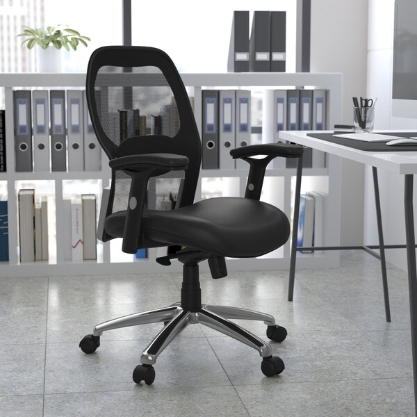 Flash Furniture Contemporary Chair Mid-Back Exec Leather Chair, Black, Adjustable Arms, 17-3/4" to 21" Height - LF-W42-L-GG