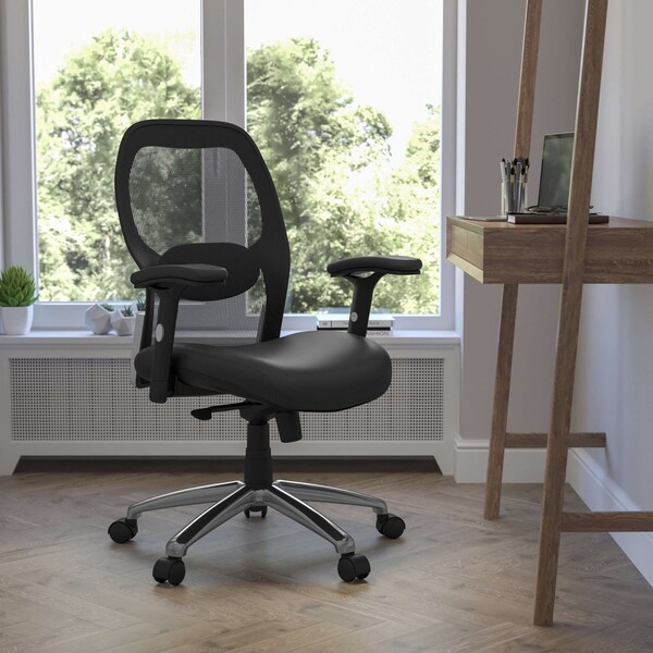 Flash Furniture Contemporary Chair Mid-Back Exec Leather Chair, Black, Adjustable Arms, 17-3/4" to 21" Height - LF-W42-L-GG