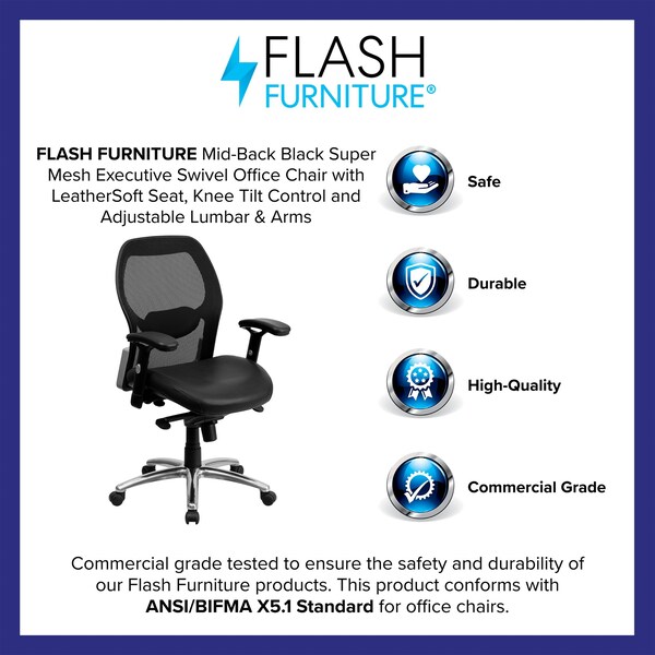 Flash Furniture Contemporary Chair Mid-Back Exec Leather Chair, Black, Adjustable Arms, 17-3/4" to 21" Height - LF-W42-L-GG