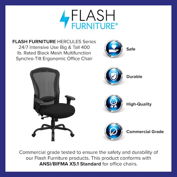 Flash Furniture Contemporary Chair High Back, 24/7 Use, 400 lb. Capacity, Blk, Adjustable Arms, 20" to 23" Height - LQ-3-BK-GG