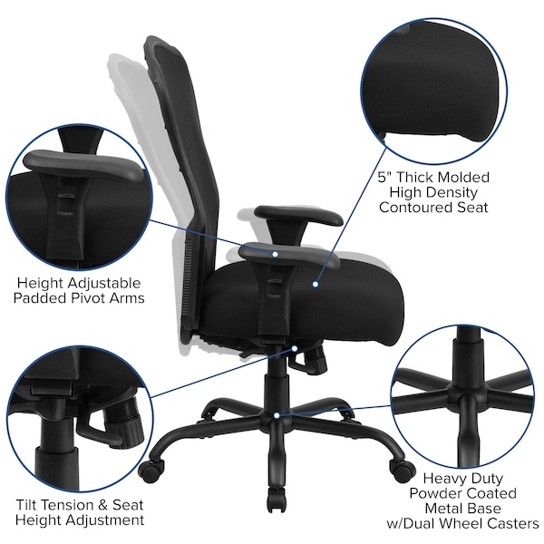 Flash Furniture Contemporary Chair High Back, 24/7 Use, 400 lb. Capacity, Blk, Adjustable Arms, 20" to 23" Height - LQ-3-BK-GG