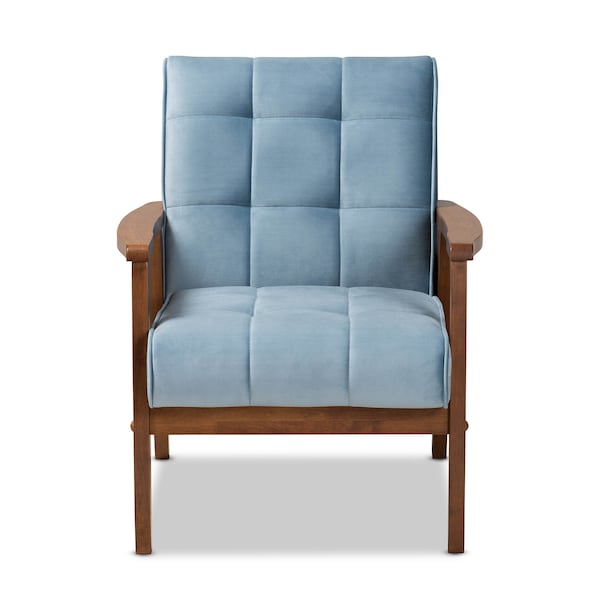 Baxton Studio Asta Mid-Century Blue Velvet Upholstered Walnut Finished Wood Armchair - 160-9942