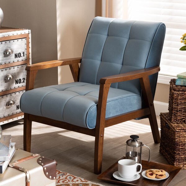 Baxton Studio Asta Mid-Century Blue Velvet Upholstered Walnut Finished Wood Armchair - 160-9942