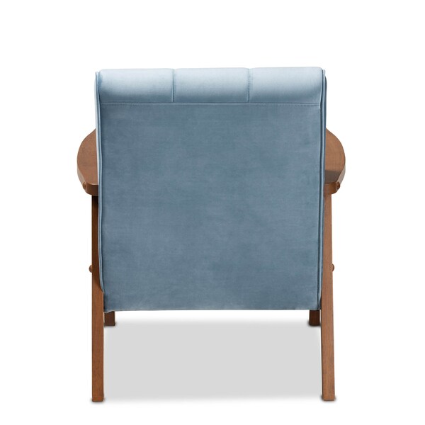 Baxton Studio Asta Mid-Century Blue Velvet Upholstered Walnut Finished Wood Armchair - 160-9942