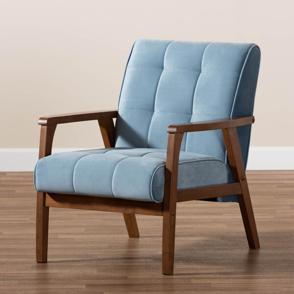 Baxton Studio Asta Mid-Century Blue Velvet Upholstered Walnut Finished Wood Armchair - 160-9942
