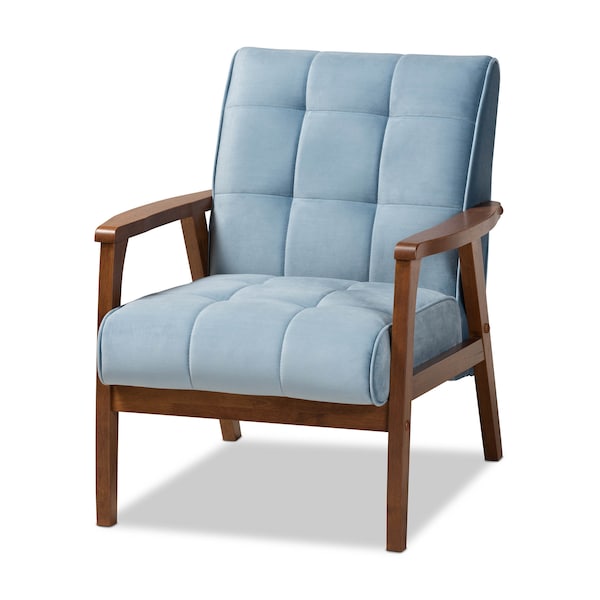 Baxton Studio Asta Mid-Century Blue Velvet Upholstered Walnut Finished Wood Armchair - 160-9942