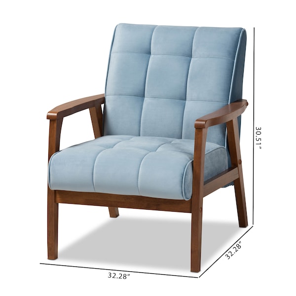 Baxton Studio Asta Mid-Century Blue Velvet Upholstered Walnut Finished Wood Armchair - 160-9942