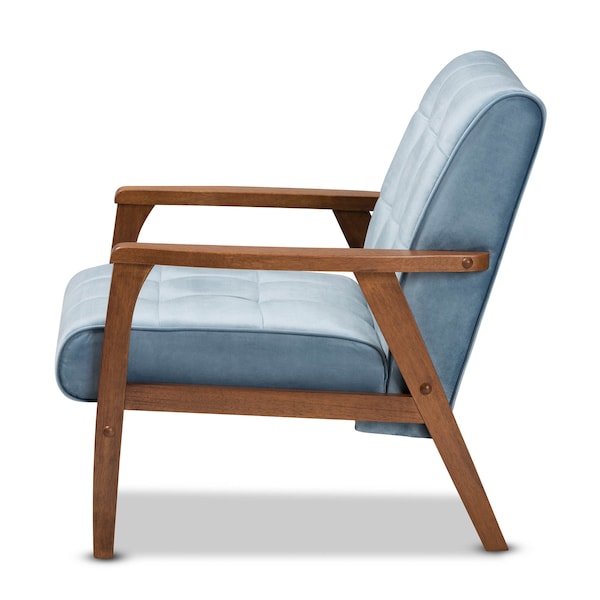 Baxton Studio Asta Mid-Century Blue Velvet Upholstered Walnut Finished Wood Armchair - 160-9942