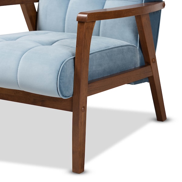 Baxton Studio Asta Mid-Century Blue Velvet Upholstered Walnut Finished Wood Armchair - 160-9942