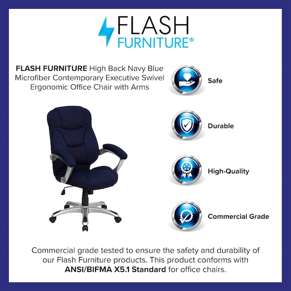 Flash Furniture Contemporary Chair Fixed Arms, 18-1/4" to 22" Height, Metal, Navy Blue Microfiber - GO-725-NVY-GG