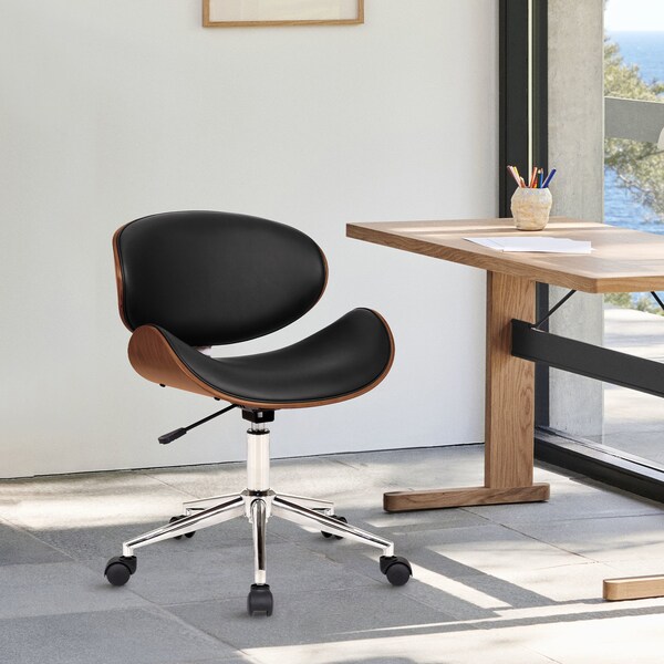 Armen Living Daphne Modern Office Chair In Chrome Finish with Black Faux Leather And Walnut Veneer Back - LCDAOFCHBL