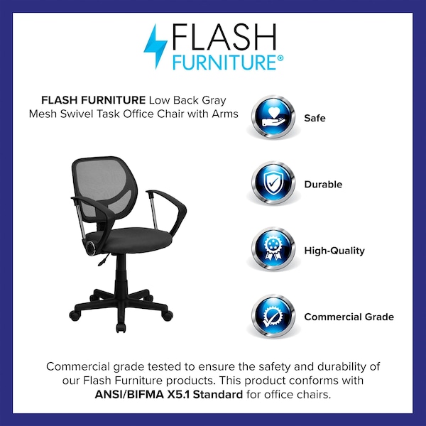 Flash Furniture Mesh Task Chair, 15-1/2" to 19-1/2", Fixed Arms, Gray - WA-3074-GY-A-GG