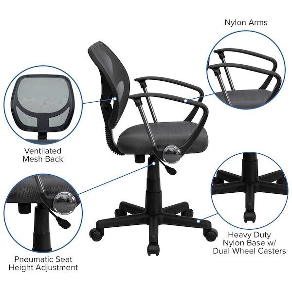 Flash Furniture Mesh Task Chair, 15-1/2" to 19-1/2", Fixed Arms, Gray - WA-3074-GY-A-GG