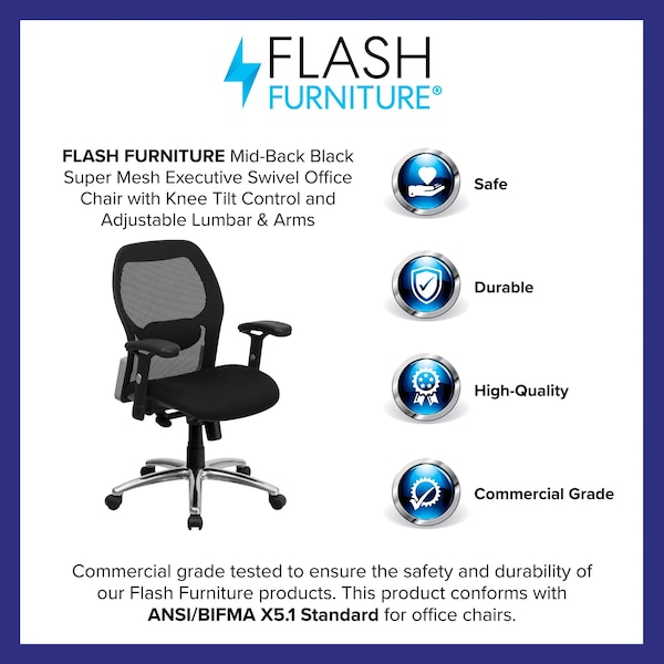 Flash Furniture Contemporary Chair Mid-Back Exec Mesh Chair, Black, Adjustable Arms, 17-3/4" to 21" Height, Mesh - LF-W42-GG