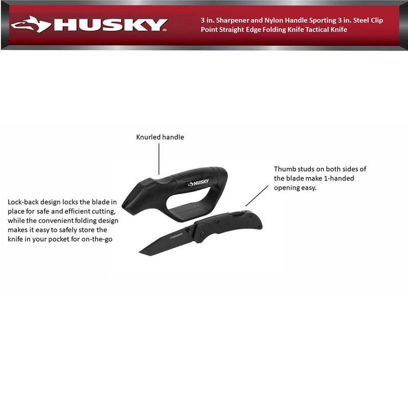 Husky 3 in. Sharpener and Nylon Handle Sporting 3 in. Steel Clip Point Straight Edge Folding Knife Tactical Knife - 90650