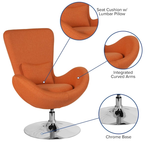 Flash Furniture Egg Side Reception Chair, Orange Fabric Seat, 30 W 30" L 38 H, Integrated Curved - CH-162430-OR-FAB-GG
