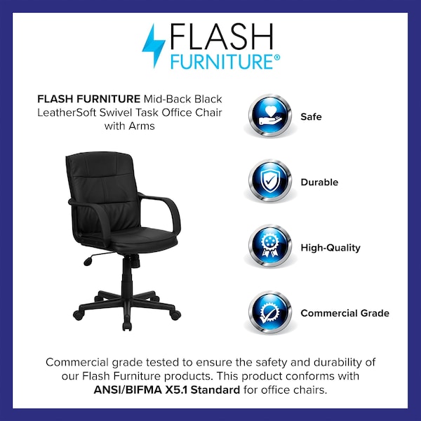 Flash Furniture Metal Contemporary Chair, 17" to 20-1/2", Fixed Arms, Black - GO-228S-BK-LEA-GG
