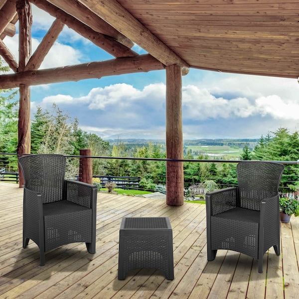 Flash Furniture Rattan Chair/Table Set, Gray, Dark Gray Seat, Gray Back, 22.5 W 33.5 H, Plastic, Resin Seat - DAD-SF3-2P-SET-GG