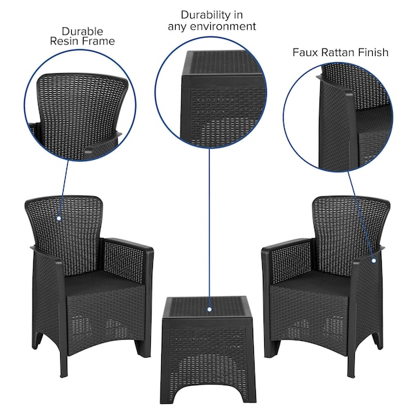 Flash Furniture Rattan Chair/Table Set, Gray, Dark Gray Seat, Gray Back, 22.5 W 33.5 H, Plastic, Resin Seat - DAD-SF3-2P-SET-GG