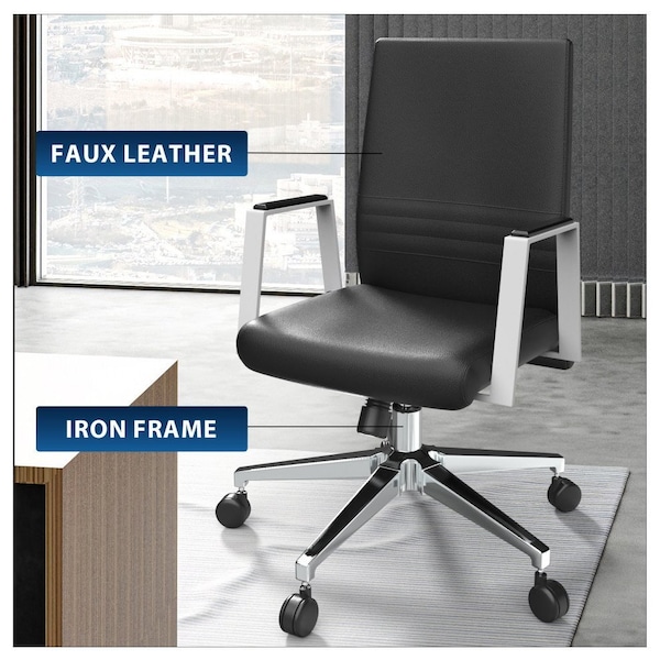 Leisuremod Aleen Office Chair in Upholstered Leather and Iron Frame with Swivel and Tilt, Black - AO19BLL