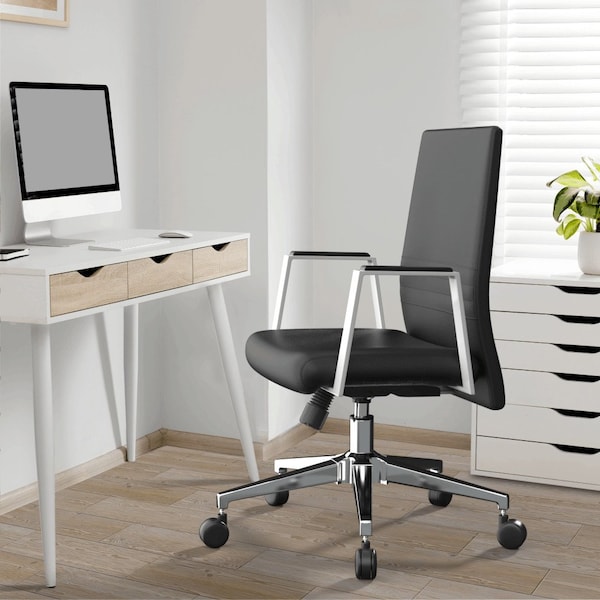 Leisuremod Aleen Office Chair in Upholstered Leather and Iron Frame with Swivel and Tilt, Black - AO19BLL