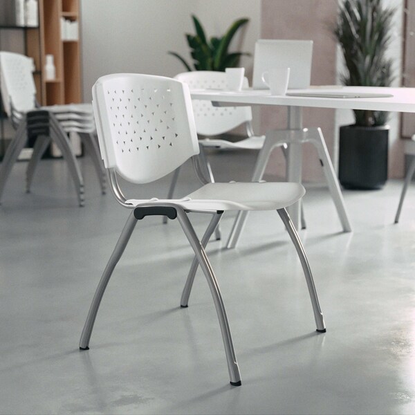 Flash Furniture HERCULES Series 880 lb. Capacity White Plastic Stack Chair with Titanium Gray Powder Coated Frame - RUT-F01A-WH-GG