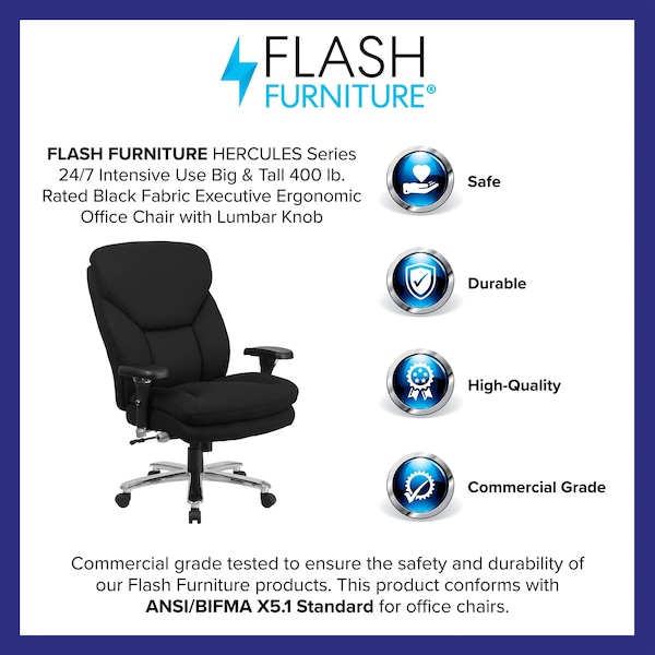 Flash Furniture Hercules Office Chair, Black Seat, Black Back, 32 3/4 in W 34" L 48" H, Adjustable Padded - GO-2085-GG