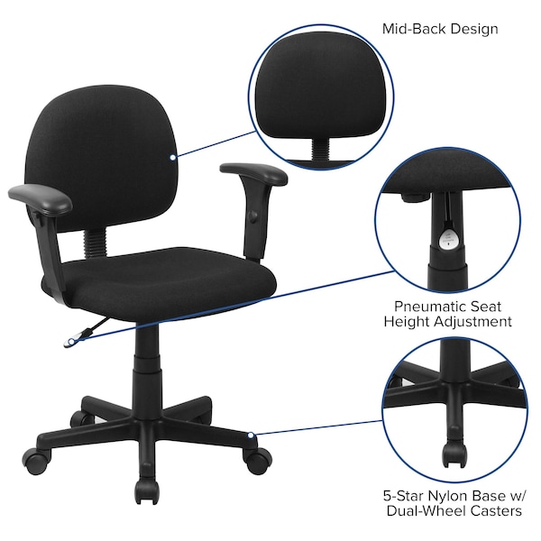Flash Furniture Fabric Task Chair, 21 1/2-, Adjustable Padded, Black - BT-660-1-BK-GG