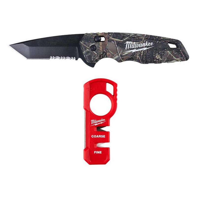 Milwaukee FASTBACK Camo Stainless Steel Spring Assisted Folding Knife with 2.95 in. Blade with Compact Knife Sharpener (2-Piece) - 48-22-1535-48-22-1590