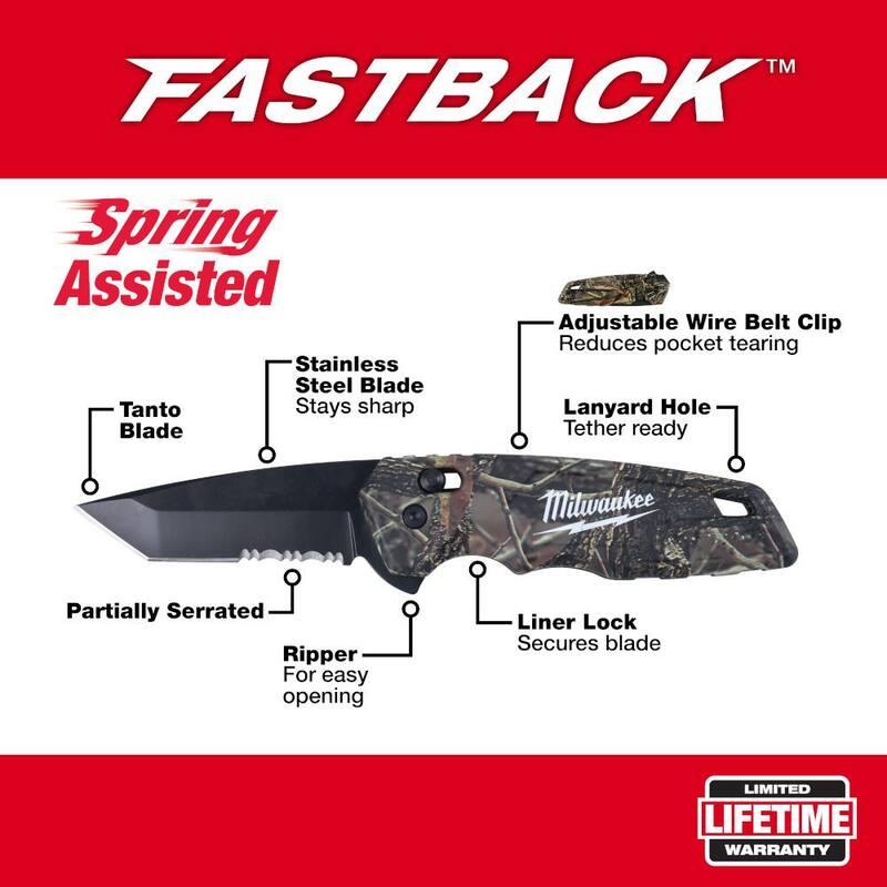 Milwaukee FASTBACK Camo Stainless Steel Spring Assisted Folding Knife with 2.95 in. Blade with Compact Knife Sharpener (2-Piece) - 48-22-1535-48-22-1590