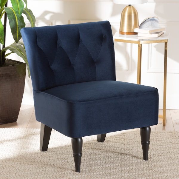 Baxton Studio Harmon Modern Navy Blue Velvet Fabric and Walnut Brown Finished Wood Accent Chair - 186-11686-ZORO
