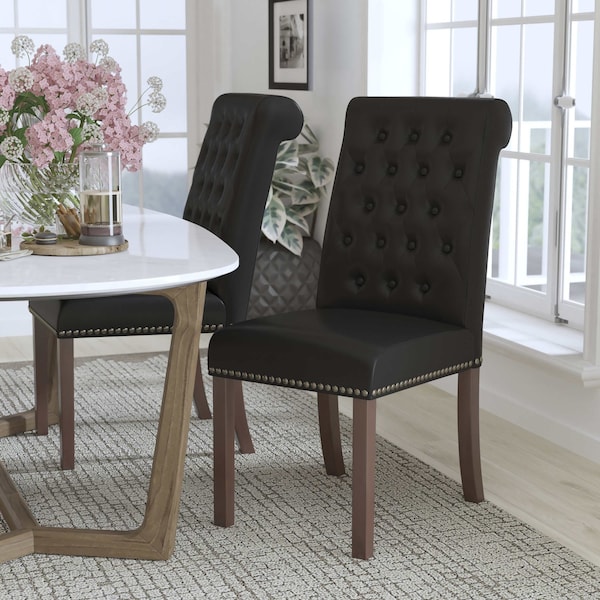 Flash Furniture Midcentury Parsons Chair, Black Back, 18.5 W 27-1/2" L 39.75 H, Leather Seat - BT-P-BK-LEA-GG
