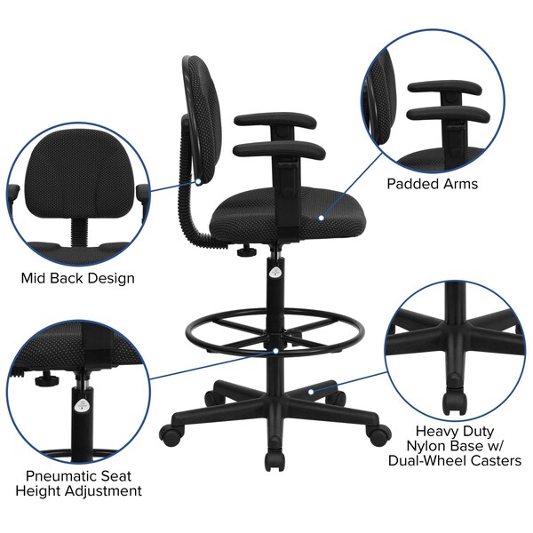 Flash Furniture Drafting Chair, Adjustable Padded, Fabric, Black Patterned - BT-659-BLK-ARMS-GG