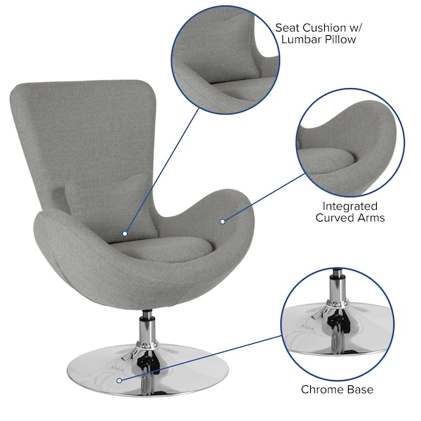 Flash Furniture Egg Side Reception Chair, Light Gray Fabric Seat, Gray Back, 30 W 30" L 38 H, Integrated Curved - CH-162430-LTGY-FAB-GG