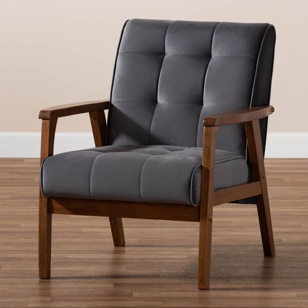 Baxton Studio Asta Mid-Century Grey Velvet Upholstered Walnut Finished Wood Armchair - 160-9941