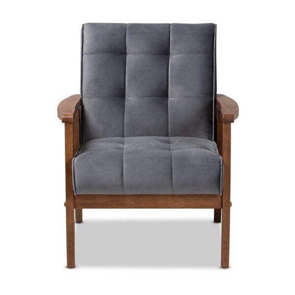 Baxton Studio Asta Mid-Century Grey Velvet Upholstered Walnut Finished Wood Armchair - 160-9941