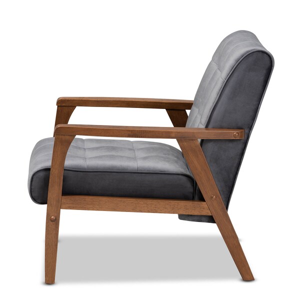 Baxton Studio Asta Mid-Century Grey Velvet Upholstered Walnut Finished Wood Armchair - 160-9941