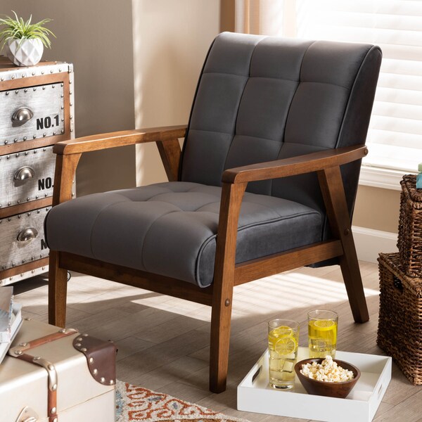Baxton Studio Asta Mid-Century Grey Velvet Upholstered Walnut Finished Wood Armchair - 160-9941