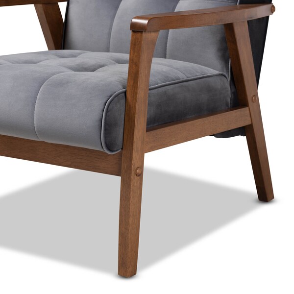 Baxton Studio Asta Mid-Century Grey Velvet Upholstered Walnut Finished Wood Armchair - 160-9941