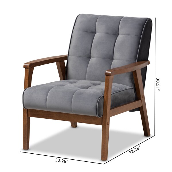 Baxton Studio Asta Mid-Century Grey Velvet Upholstered Walnut Finished Wood Armchair - 160-9941
