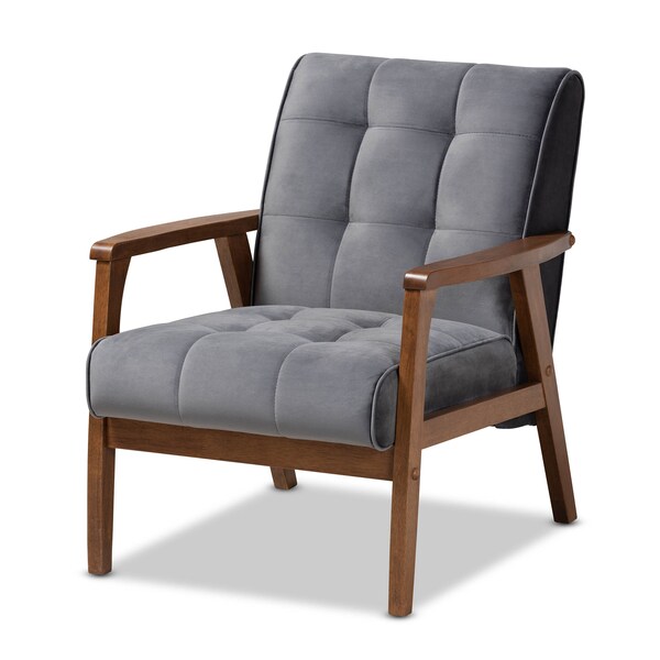 Baxton Studio Asta Mid-Century Grey Velvet Upholstered Walnut Finished Wood Armchair - 160-9941