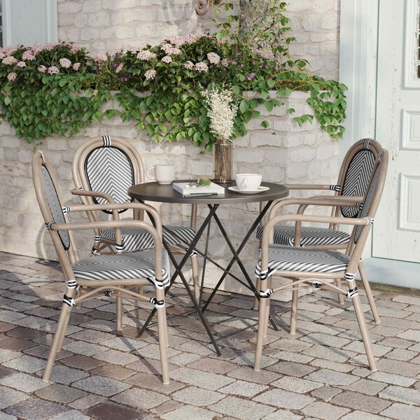 Flash Furniture Marseille Thonet French Bistro Stack Chair w/Arms, Black/White Textilene/Bamboo Alum Frame, 4PK - 4-SDA-AD642002A-TXT-BLKWH-LTNAT-GG