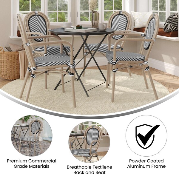 Flash Furniture Marseille Thonet French Bistro Stack Chair w/Arms, Black/White Textilene/Bamboo Alum Frame, 4PK - 4-SDA-AD642002A-TXT-BLKWH-LTNAT-GG